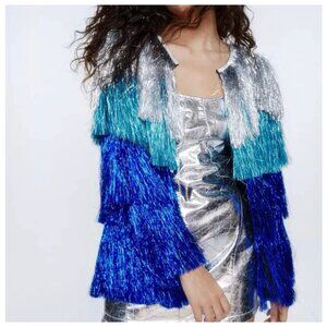 Nasty Gal Fringe Tassel Jacket Blue Silver Size 6